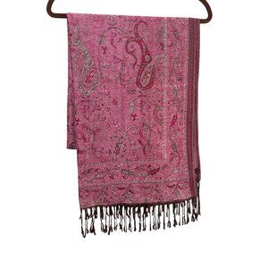 Pink Paisley Pashmina Scarf Wrap With Fringe 28"x73" Himalayan Goat Cashmere